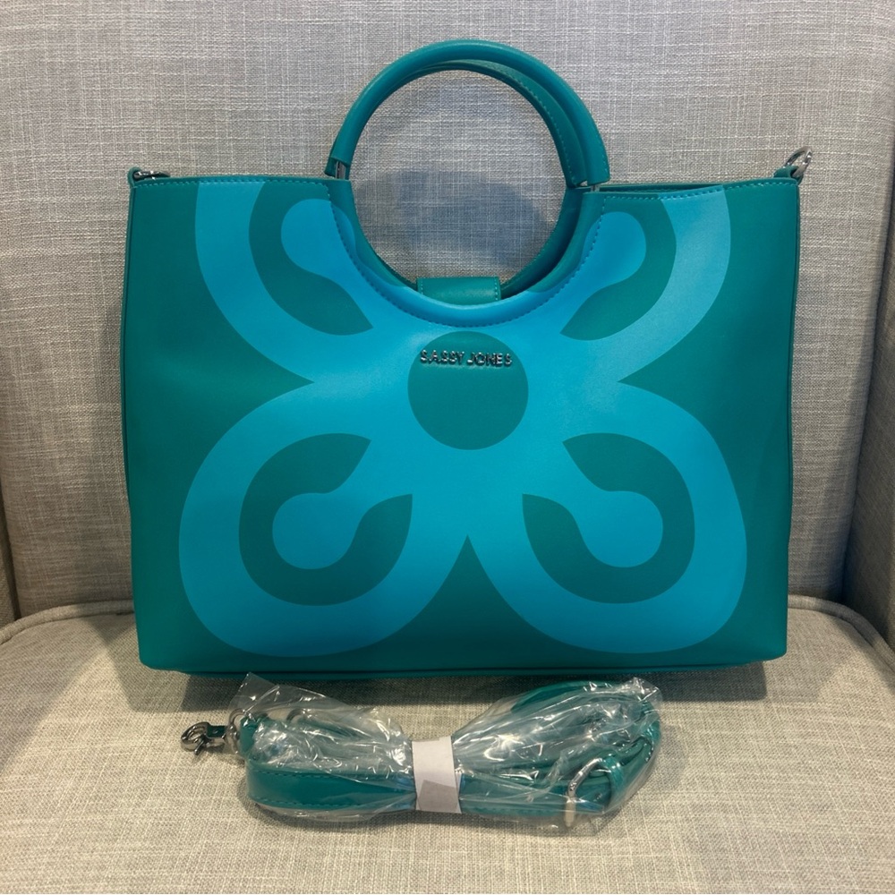 Sassy Jones Clarisa Bese Printed Teal Blue Satchel Handbag.